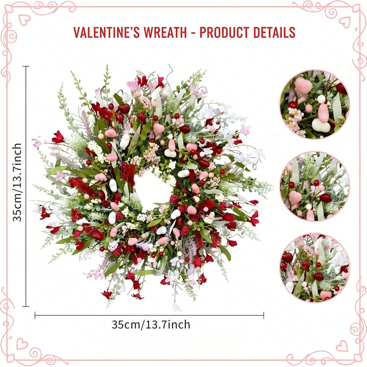 17.72' Spring Wreaths for Front Door Not Withering Artificial Floral Wreath with Wildflowers Summer Decorations for Indoor Outdoor Window Wall Farmhouse Porch Wedding Easter Home Decor Red Pink, Valentines Day, Mothers Day, Spring Decoration