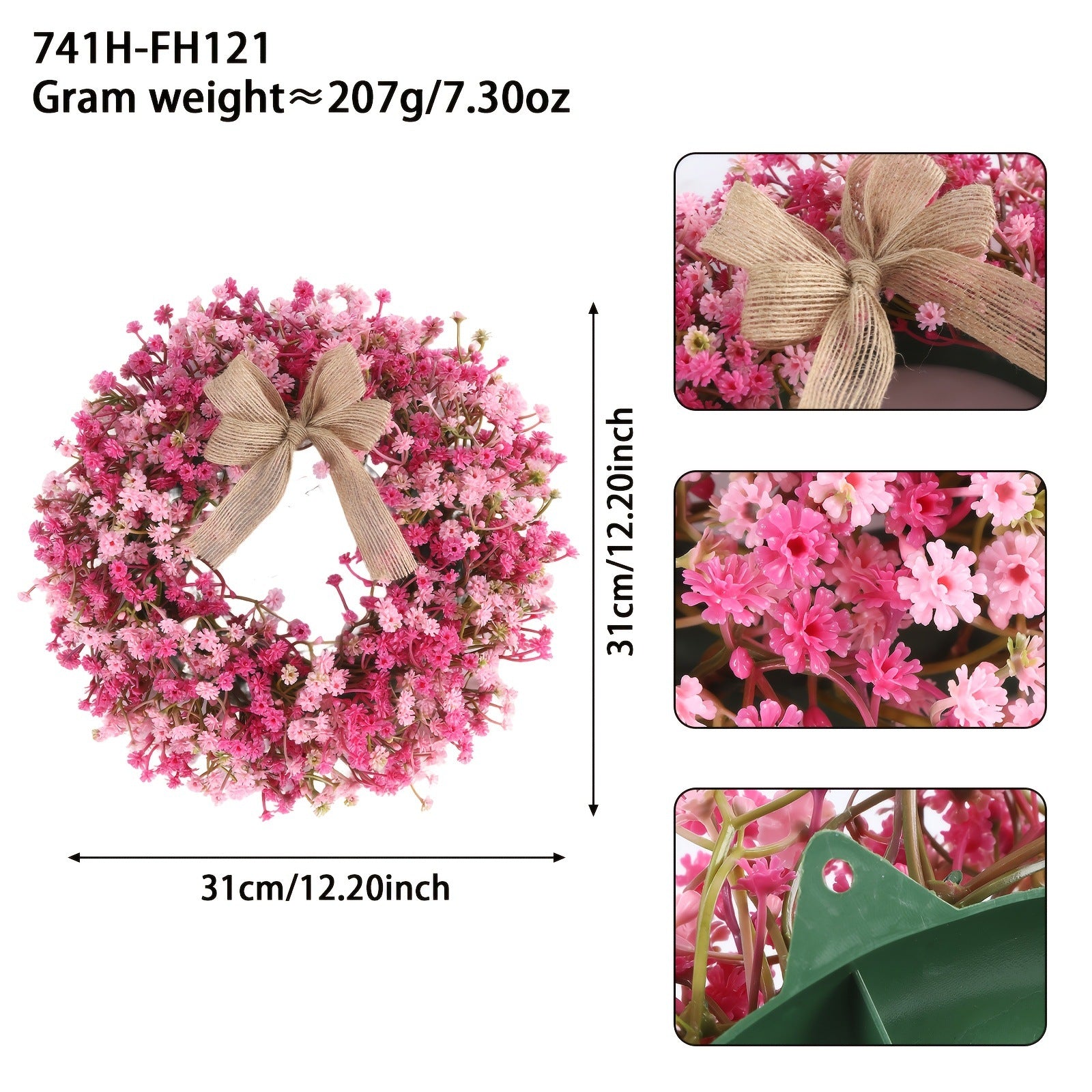 Wall-Mountable Artificial Wreath with Breath & Pink Bow - Colorful Plastic Faux Greenery Garland Suitable for Christmas, Wedding, Decor - Breath Ornaments, Year-Round Decoration for, Door, (No Maintenance)