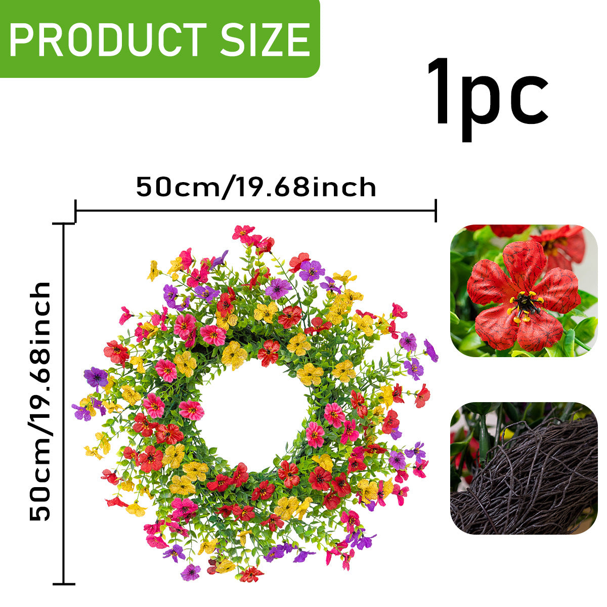 1 Round Artificial Wreath with Three- Colored Petunias. with a Rattan Base and Full Flower Clusters. Suitable for Home Entrances, Courtyards and Commercial Use, Full of Spring Rural Style.