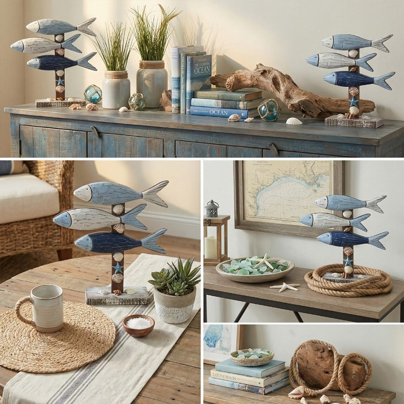 3-Tier Wooden Fish Nautical Decor, Mediterranean Coastal Tabletop Ornament with Seashells, Rustic Home Decor for Shelf And TV Stand