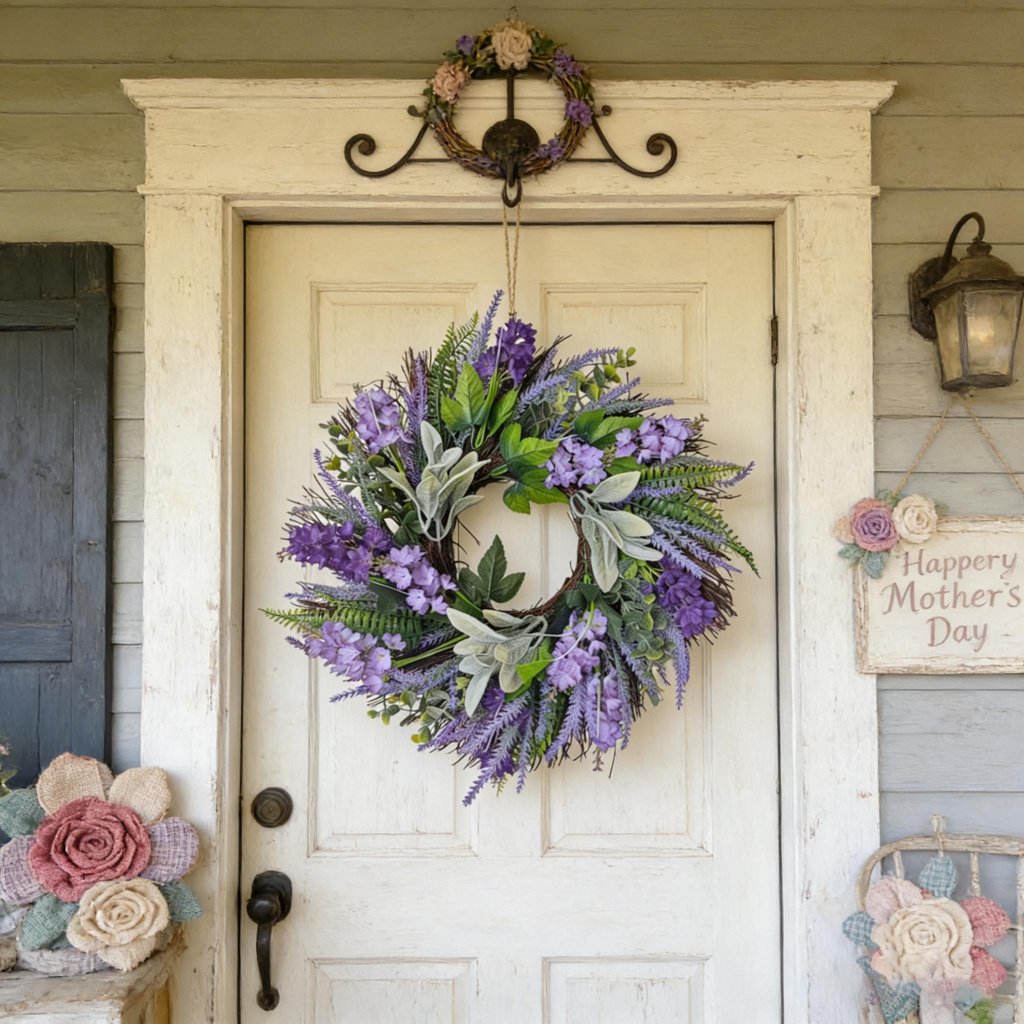 1pc 19Inch Lavender Wreath Suitable for Front Door, Wall-Mounted Country Style Artificial Flower Garland with Lavender Blooms, Plastic Indoor\u002F Decoration for Spring Summer Mother's Day Gift, Year-Round Door Decor