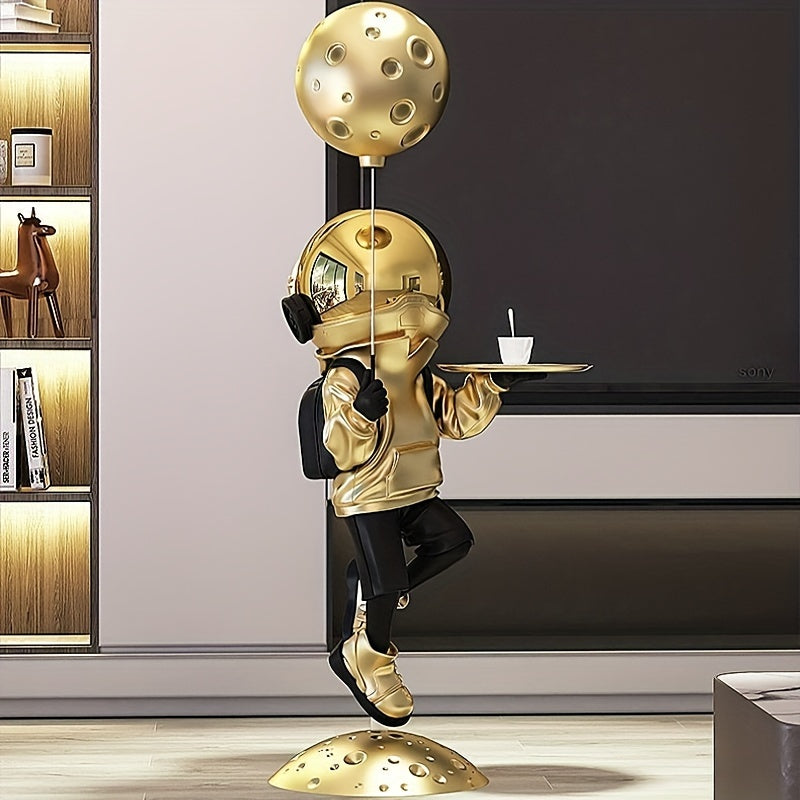 Space-Themed Decor Large Resin Astronaut Tabletop Decor - Golden & Black Space-Themed Furniture Sculpture with Serving Tray, No Electricity Needed for Living Room, Entryway, TV Cabinet - Whimsical Modern Home Decoration