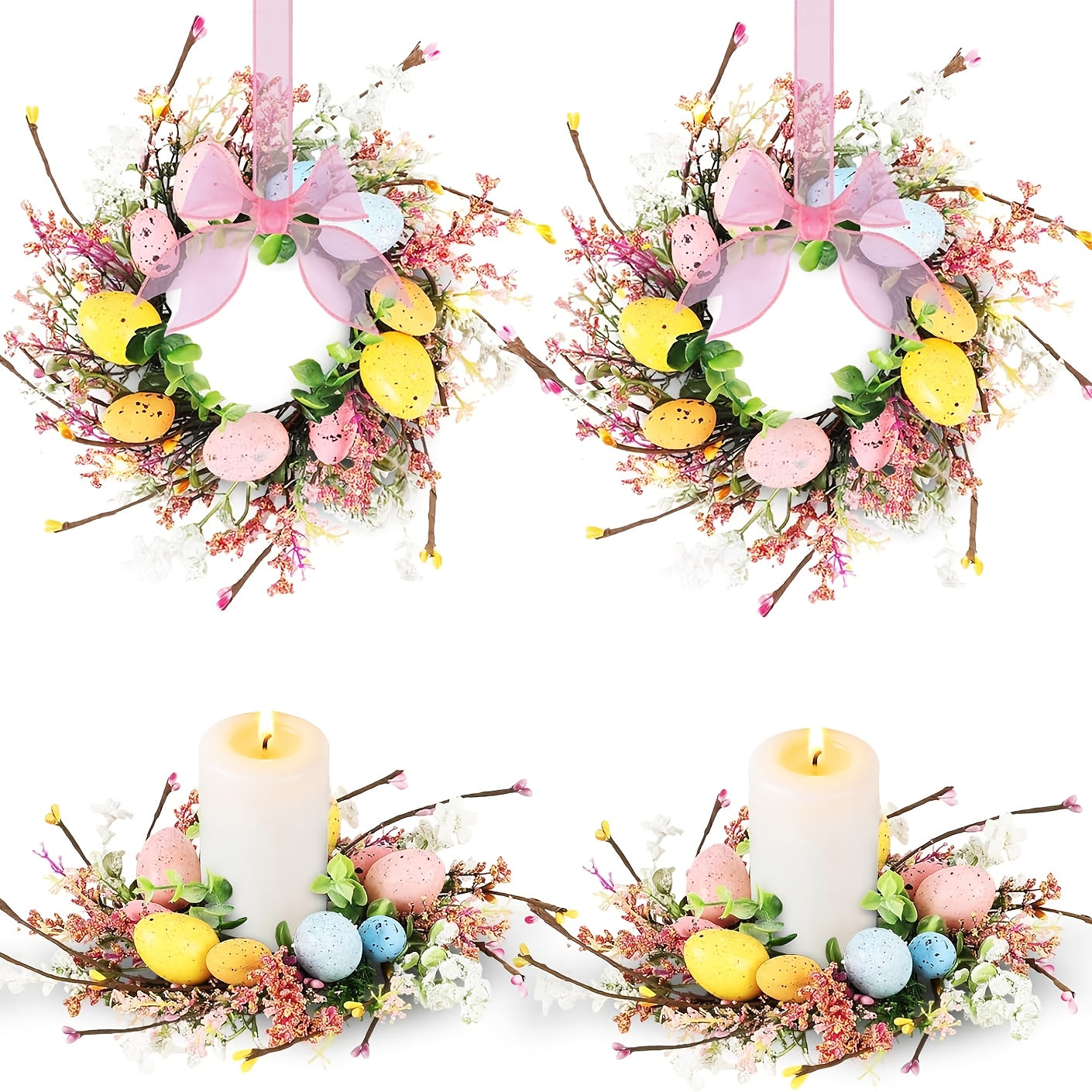 3pcs Mini Easter Candle Wreaths with Ribbon Bow & Berries - Spring Table Centerpieces Suitable for Farmhouse Decor, Artificial Daisies Wildflowers Wreath Holders for Candles, Eggs, for Kitchen Decoration, Plastic Ring Wreath