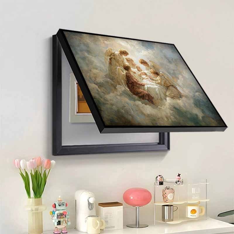 1 Modern Minimalist 2D Flat Decorative Outlet Cover Panel for Electric Meter Box, Angel Oil Painting Style, Elegant Art Home Decor, Enhances Space Aesthetics, Safe and Practical, Seamlessly Integrates into Wall Design. - Black Frame - Easy Snap-On