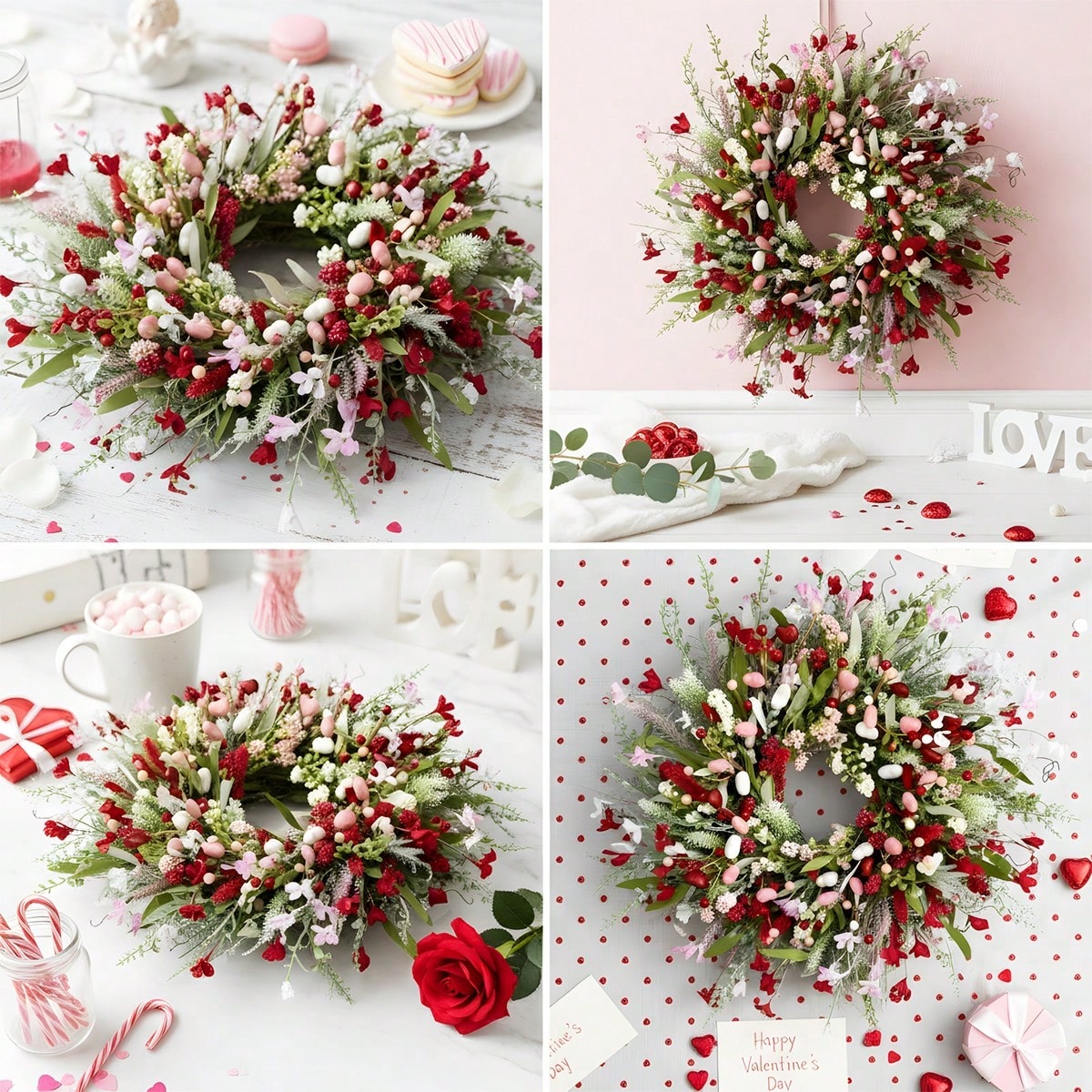 17.72' Spring Wreaths for Front Door Not Withering Artificial Floral Wreath with Wildflowers Summer Decorations for Indoor Outdoor Window Wall Farmhouse Porch Wedding Easter Home Decor Red Pink, Valentines Day, Mothers Day, Spring Decoration