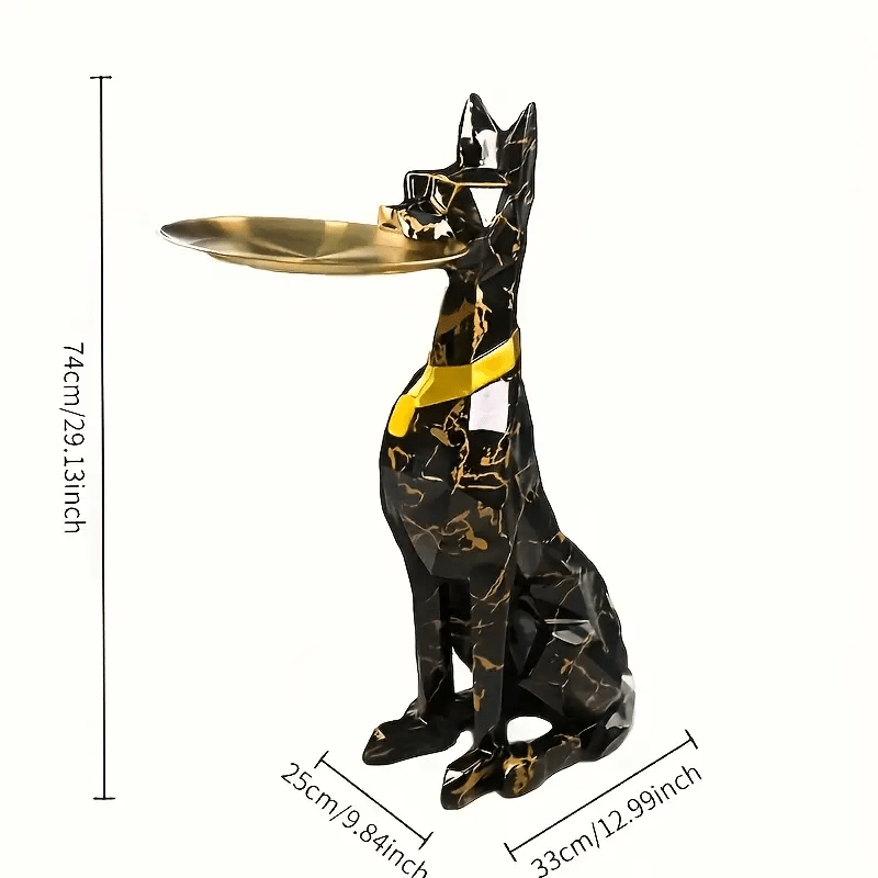 Stylish Large Animal Sculpture Modern Black Golden Marble Resin Dog Statue | Geometric Gentleman's Decorative Tray | Floor-standing Ornament for Living Room
