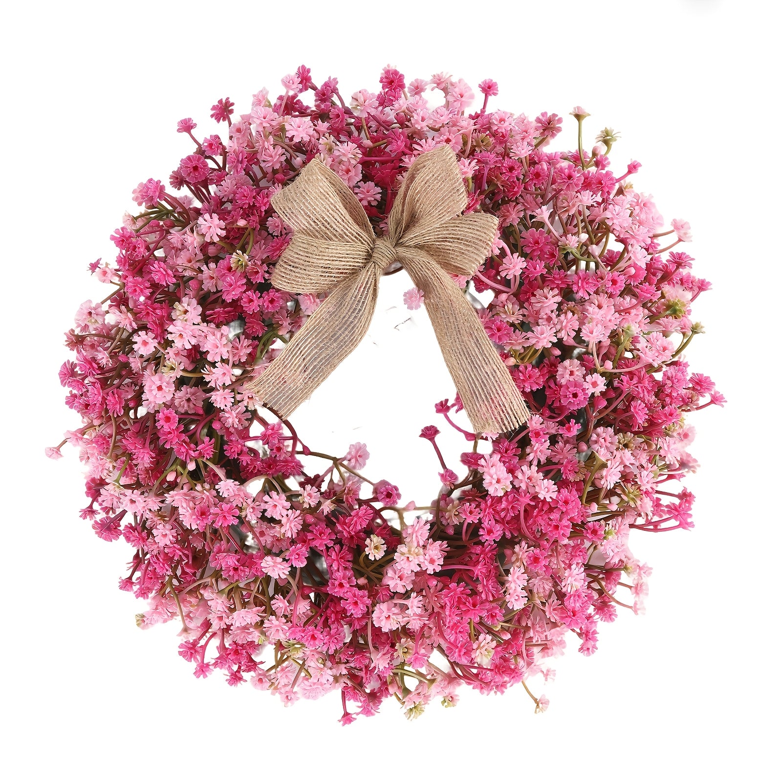 Wall-Mountable Artificial Wreath with Breath & Pink Bow - Colorful Plastic Faux Greenery Garland Suitable for Christmas, Wedding, Decor - Breath Ornaments, Year-Round Decoration for, Door, (No Maintenance)