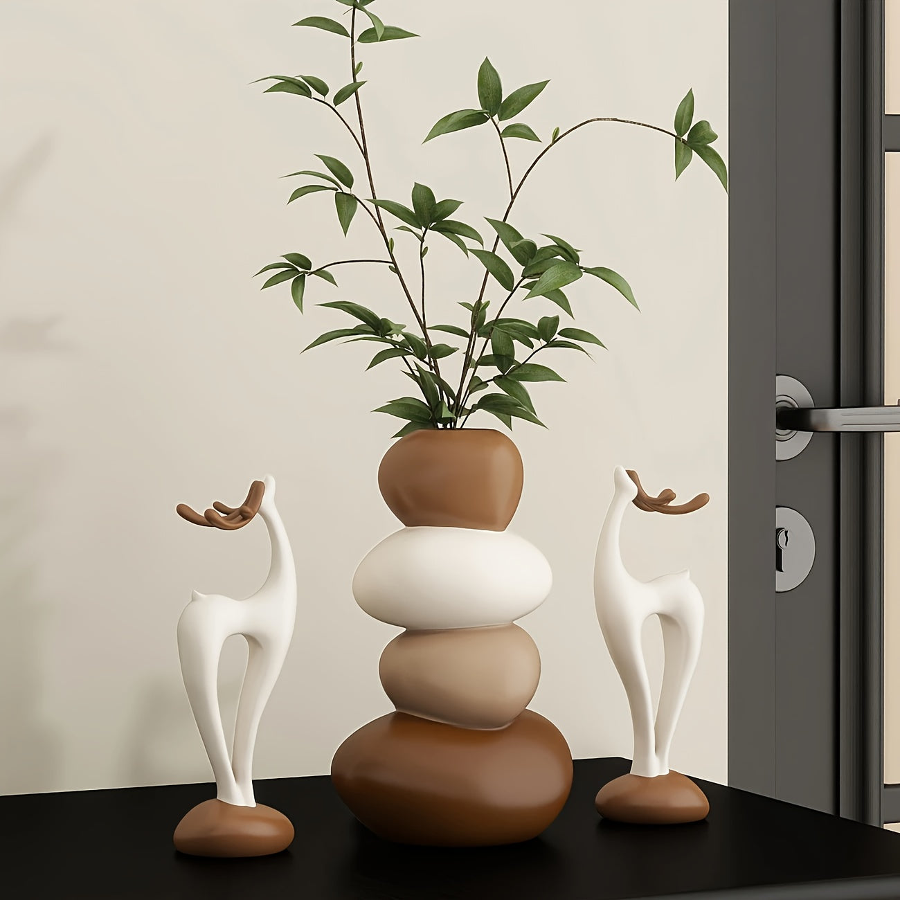 A Set of Three Creative Stacked Stone Vases Combined with Deer Ornaments, Made of Resin, Suitable for Home Decor in Living Rooms, Bedrooms, Desks, And Bookshelves, Making a Unique Christmas Gift for Family And Friends