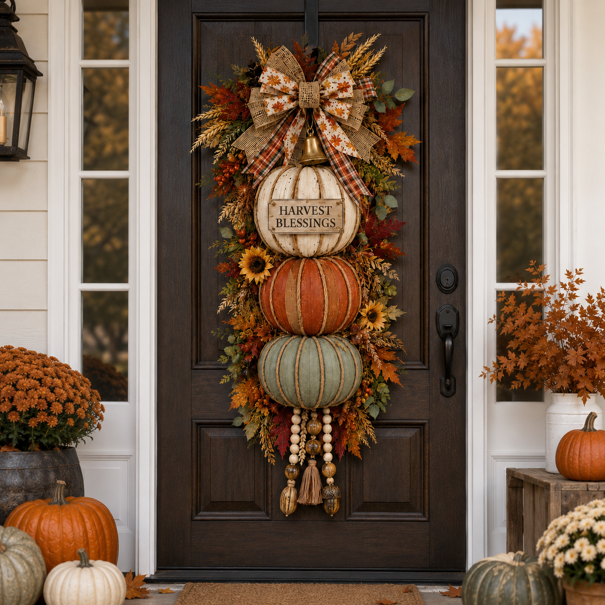 🏡ONLY DAY  60% OFF 🎃Lighted Stacked Pumpkin Fall Door Decor with 3 Seasonal Plaques