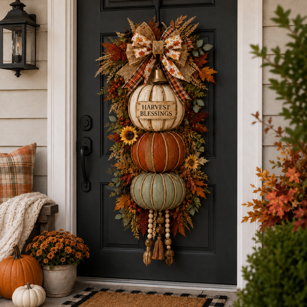 🏡ONLY DAY  60% OFF 🎃Lighted Stacked Pumpkin Fall Door Decor with 3 Seasonal Plaques